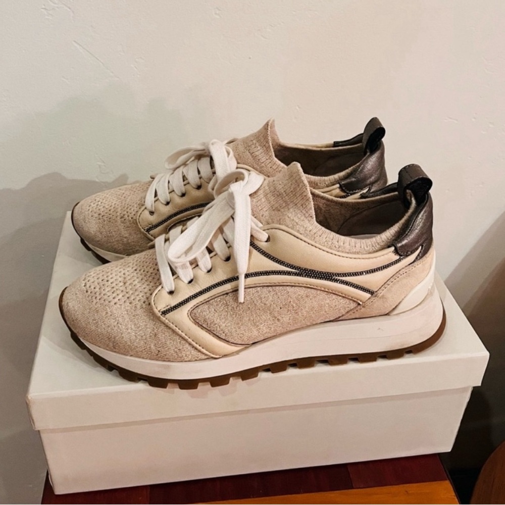 Brunello Cucinelli Cream and Brown Sneakers